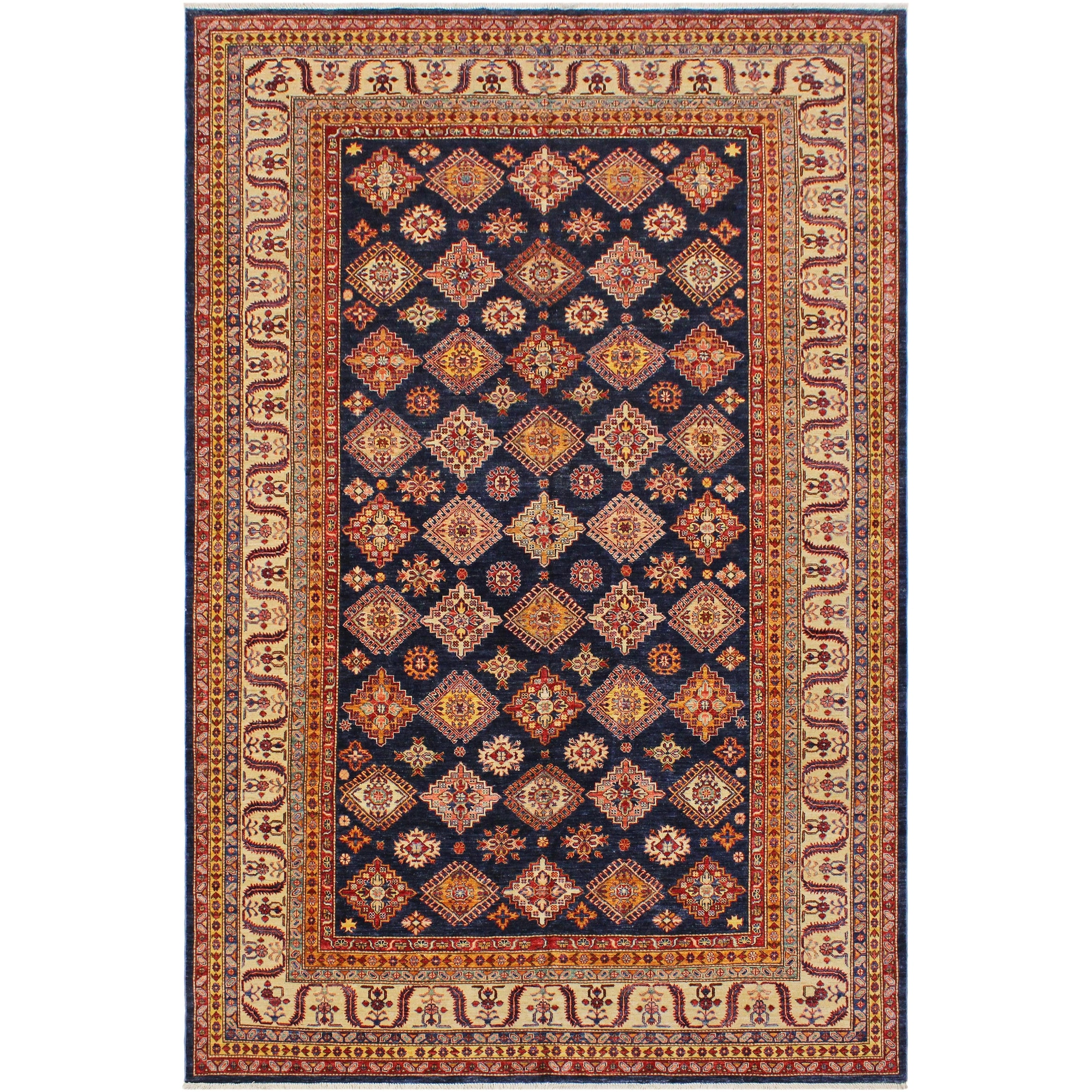 Caucasian Super Kazak Azalea Blue/Beige Hand Knotted Wool Rug - 8'10'' x 12'0''