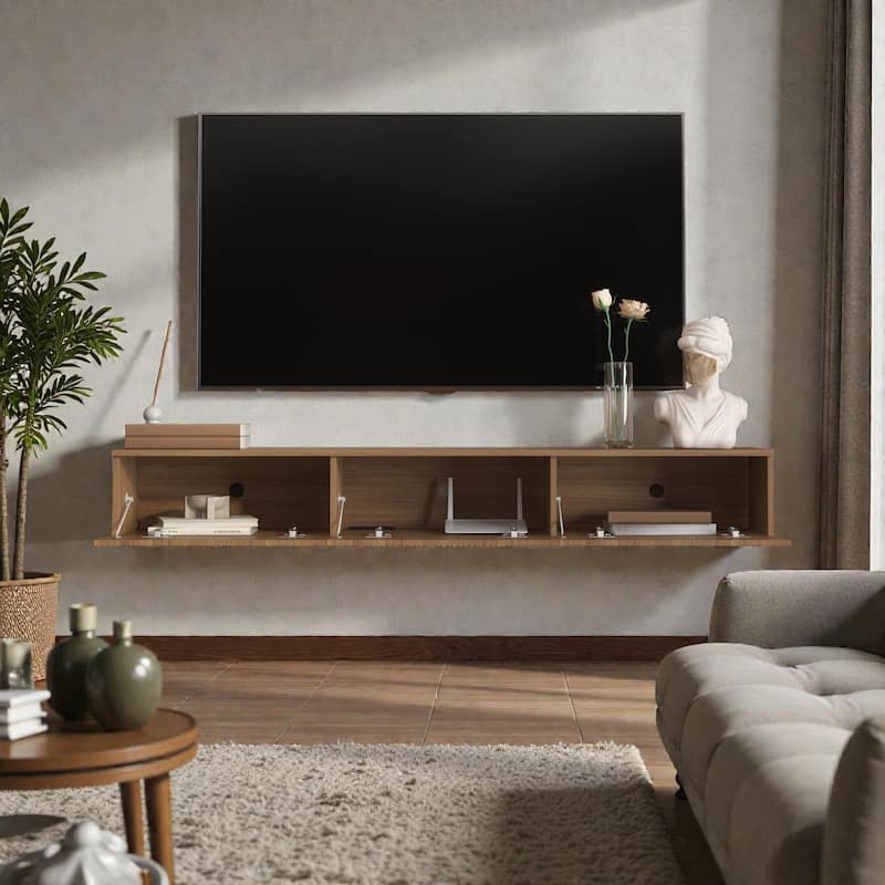 65" Floating TV Stand Wall Mounted with 16 Color LED Lights, Modern TV Cabinet for 55-65 Inch TVs