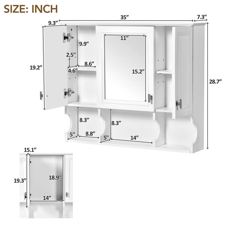35'' x 28'' Wall Mounted Bathroom Cabinet, Modern Bathroom Wall Cabinet with Mirror and Open Shelves
