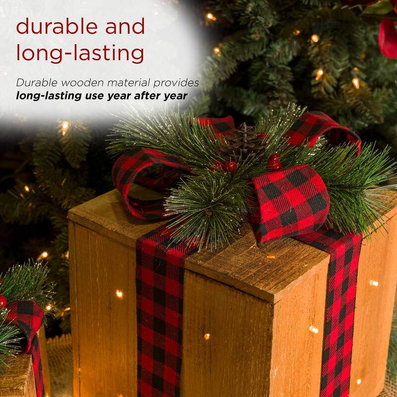 Alpine Corporation 3-Piece Decorative Wooden Christmas Gift Box Set with LED Lights