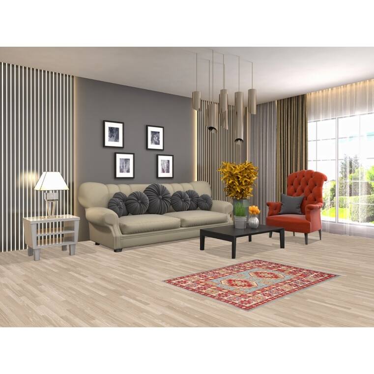 Light Blue Geometric Kazak Accent Rug Handmade Wool Carpet - 2'8" x 3'10"