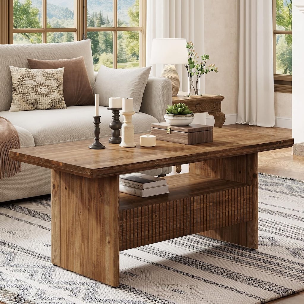 2-Tier 47.24" L Solid Wood Coffee Table with 2 Drawers, Rustic Rectangle Center Tea Table with Open Shelf Storage