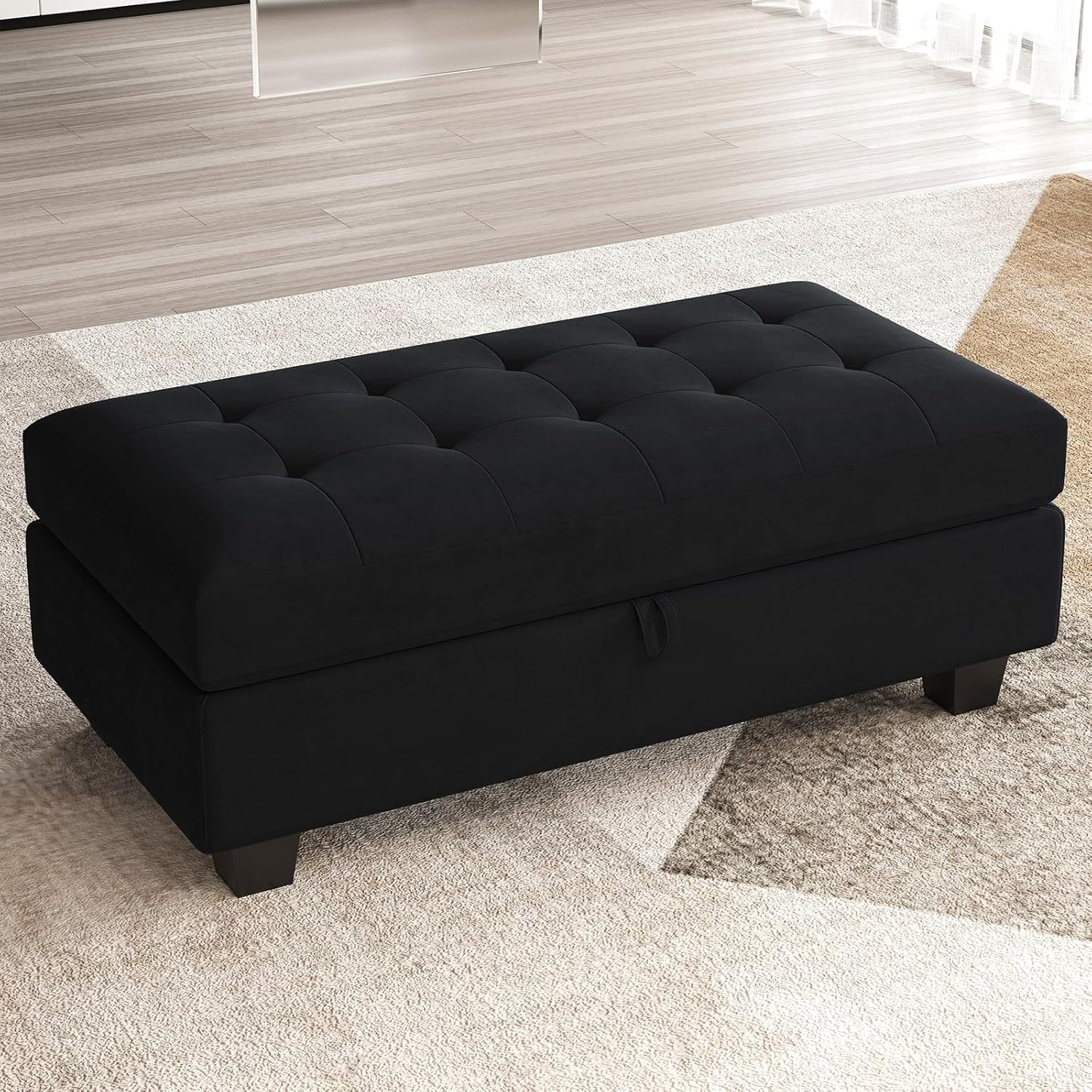 Oversized Rectangular Ottoman Bench with Storage - Velvet Tufted Upholstered Footstool for Living Room & Bedroom (Black)