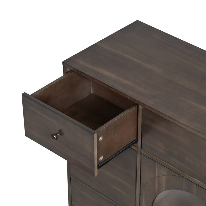 Rustic Wooden Storage Cabinet, Freestanding Buffet Sideboard With Glass Door 7 Drawers Hallway Decorative Cabinet