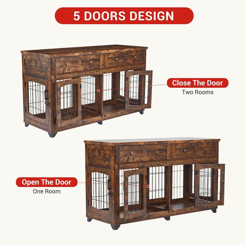 Double Dog Crate Furniture with Drawers, Removable Divider, and Storage Table