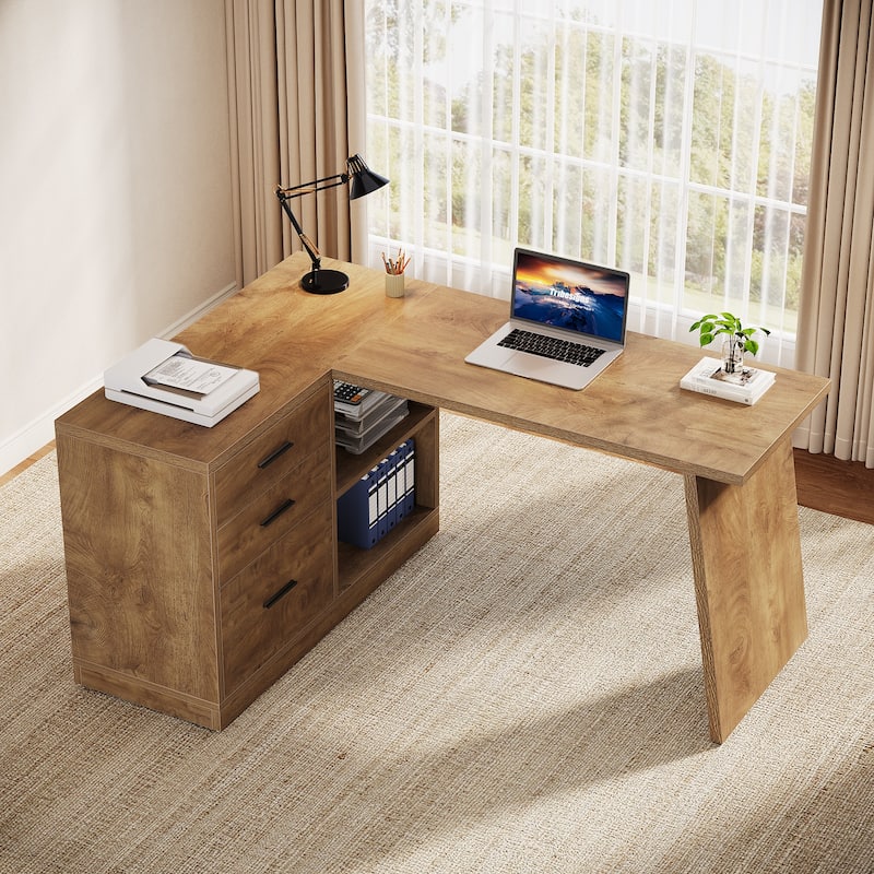 Industrial L-Shaped Computer Desk with File Cabinet for Home Office