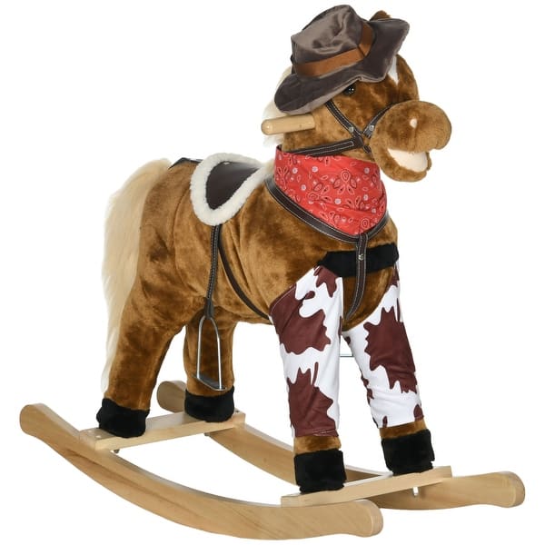 slide 2 of 40, Kids Plush Rocking Horse with Authentic Neigh Sounds, Saddle, and Stirrup for 3-8 Years Old - Comfortable Velvet Fabric Brown+hats