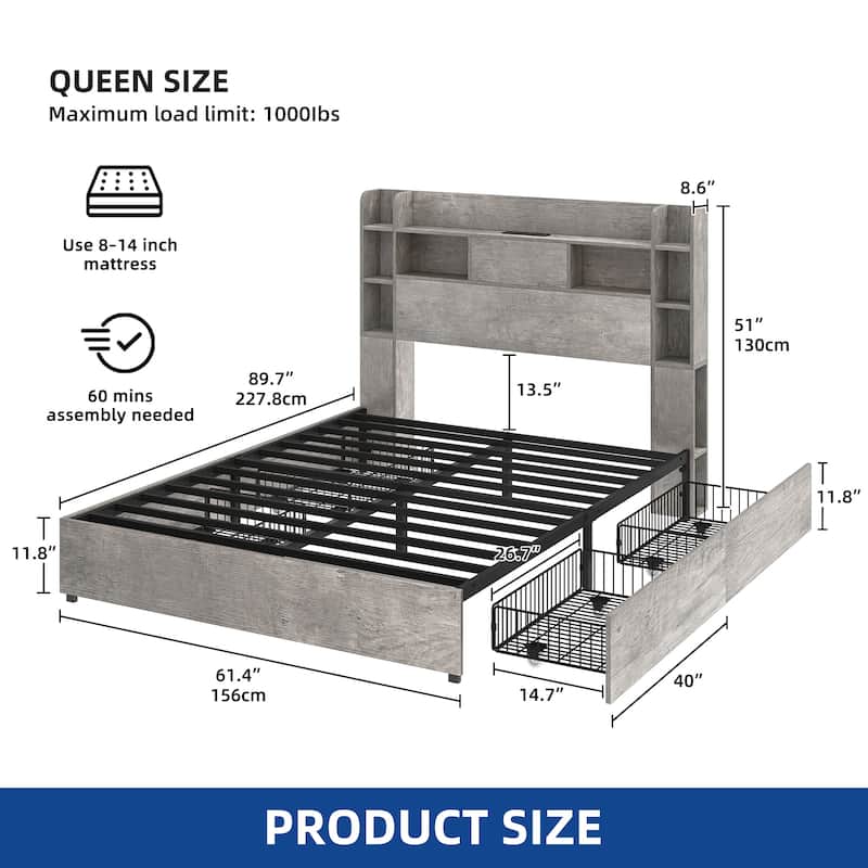 Moasis Queen/King Size Bed Frame with Bookcase Headboard and 4 Storage Drawers - Gray - Queen
