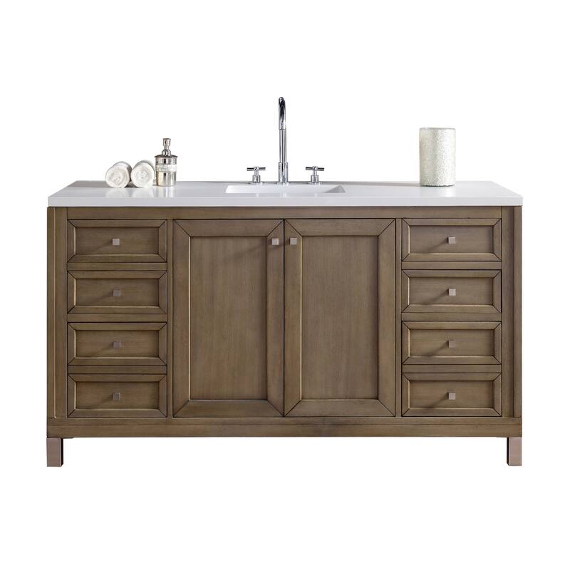 James Martin Vanities 305-V60S-3WZ Chicago 60" Single Basin Poplar - Whitewashed Walnut - Walnut Finish