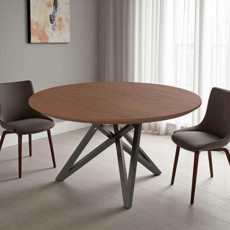 HomeRoots 47" Brown and Gray Wood and Stainless Steel Cross Leg Base Round Top Dining Table - 47.30 in. x 29.50 in. x 47.30 in. - Brown - 47.30 in. x 29.50 in.  x 47.30 in.