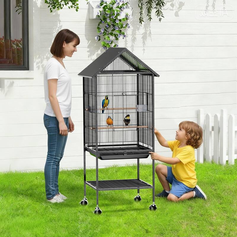 51in Wrought Iron Rolling Bird Cage, Large Flight Cage with Roof-top & Bottom Shelf, for Parrots Cockatiels Small/Medium Birds - Black