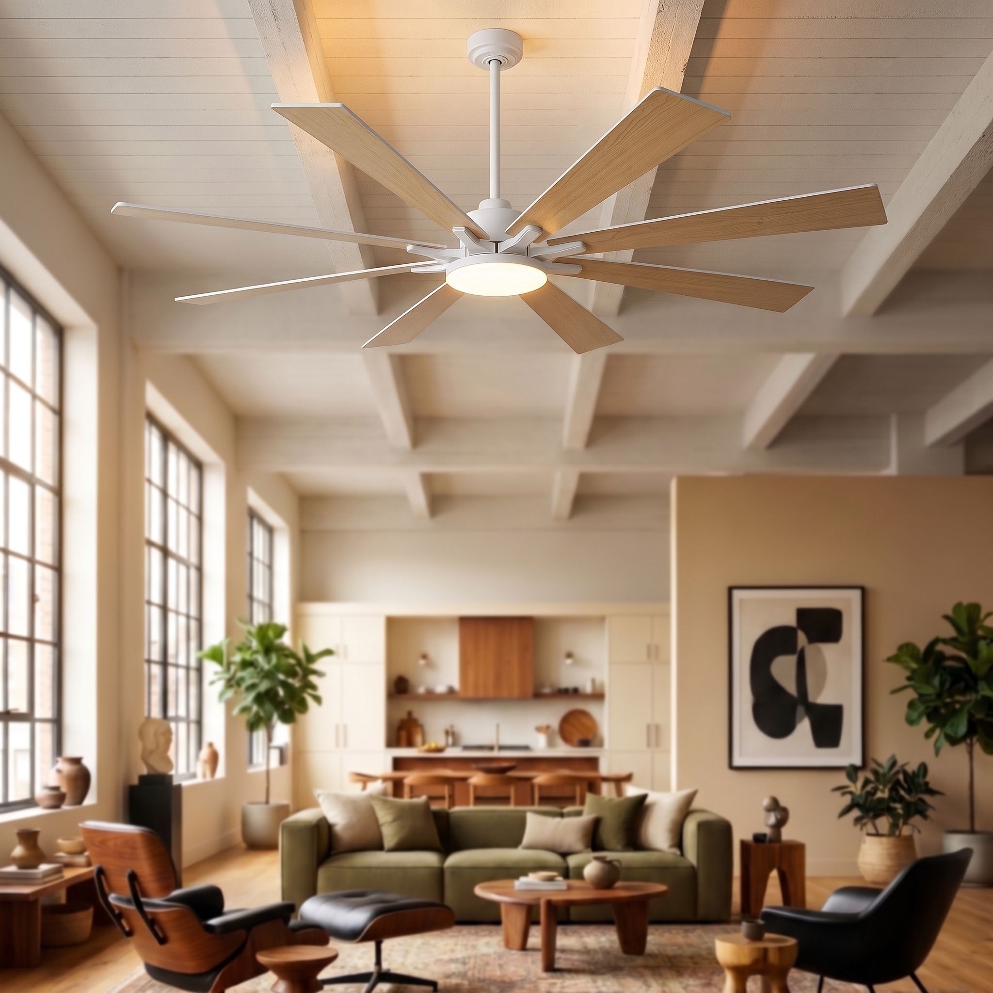 Vaczon 72" White Farmhouse Wooden 8-Blade Large Windmill Smart Ceiling Fan with Light and Remote, App Control