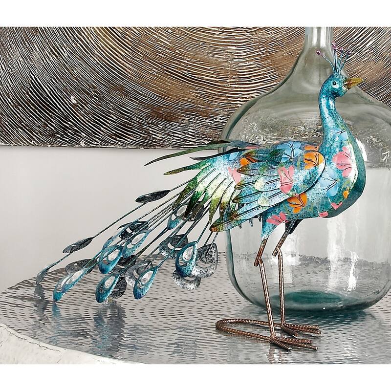Teal Metal Indoor Outdoor Peacock Decorative Garden Sculpture with Crystal Accents - Teal