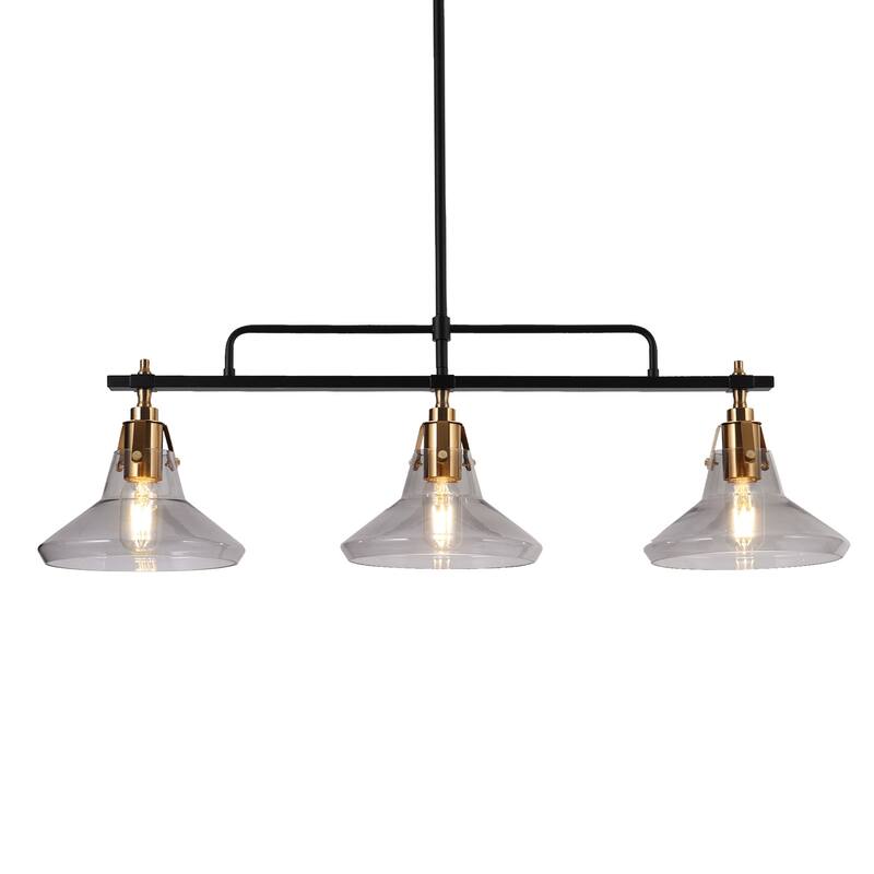 33'' Modern Large Linear Chandelier with Smoked Sedded Glass Shades Dimmable Island Lights - Black - L 33.5" x W 8.7" x H 15"