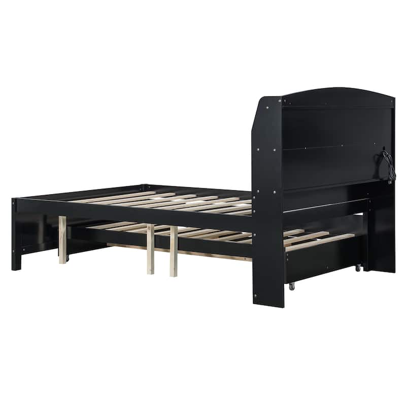 Full Size Wooden LED Platform Bed with Trundle, Storage Headboard Modern Floor Standing Bed Frame with Drawers