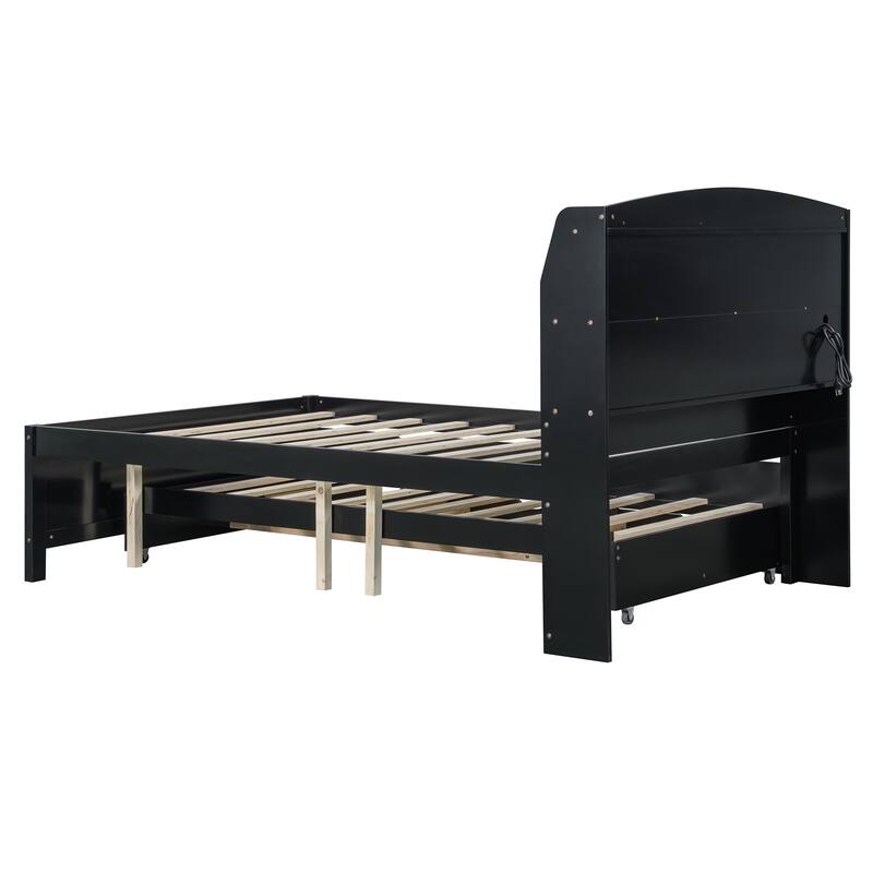Wooden Platform Bed with Pull Out Trundle Bed and Drawers, All-in-One LED Headboard with Charging Station and Flip Up Storage
