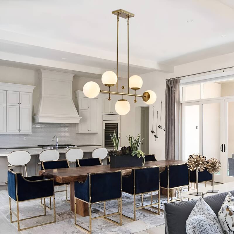 5-Light Linear Apollo Globe Opal Glass Pendant Kitchen Island Horizontal Chandelier