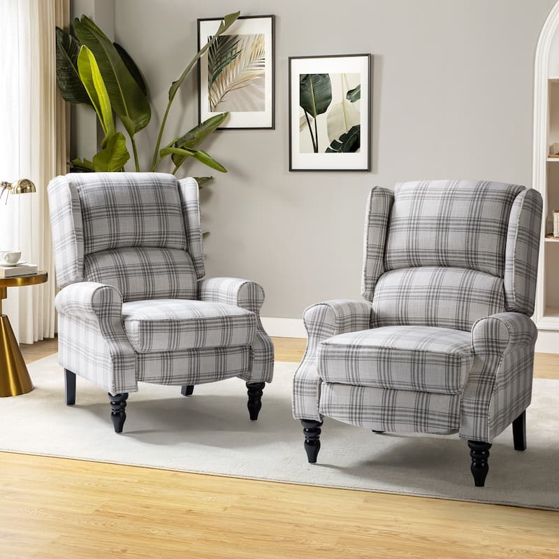 Olympus Upholstered Classic Manual Wingback Recliner with Solid Wood Legs Set of 2 by HULALA HOME - PLAID GREY