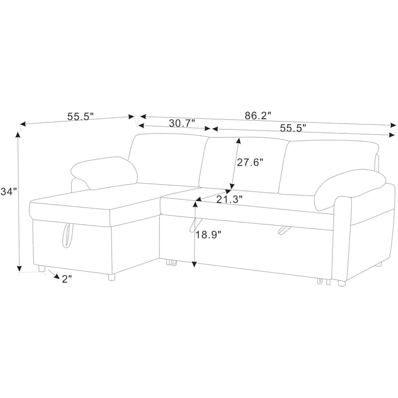 3 in 1 Convertible Sleeper Sofa Couch, 86.2 Inch L Shaped Sectional Sofa with Built In Storage Chaise and Pull Out Bed