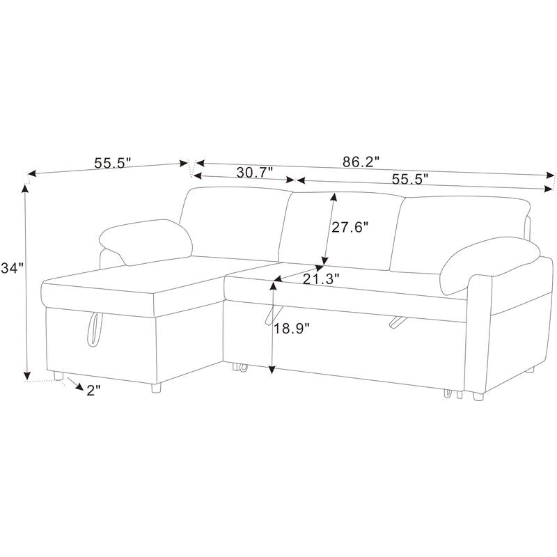 3-in-1 Pull-Out Convertible Sofa Bed with Storage, Gray, Polyester
