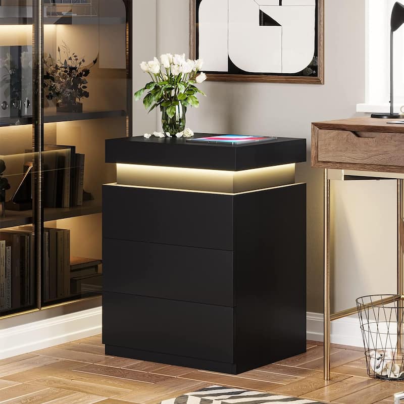 Bedroom Nightstand Charging Station LED Lights Sliding Top 3 Drawers
