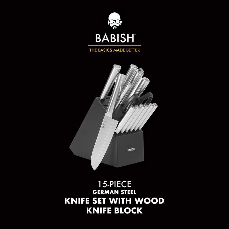 Babish High-Carbon 1.4116 German Steel 15 Piece Full Tang Forged Cutlery Block Set - Black