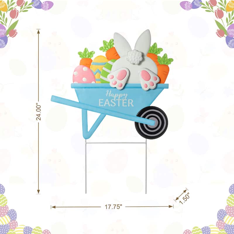 Glitzhome Easter Metal Wheel Barrow Garden Cart Yard Stake Spring Outdoor Decor