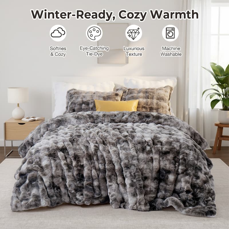 3 Pieces Fluffy Faux Rabbit Fur Comforter Set, Plush Fuzzy Bedding Set for Winter - Queen - Dark Gray