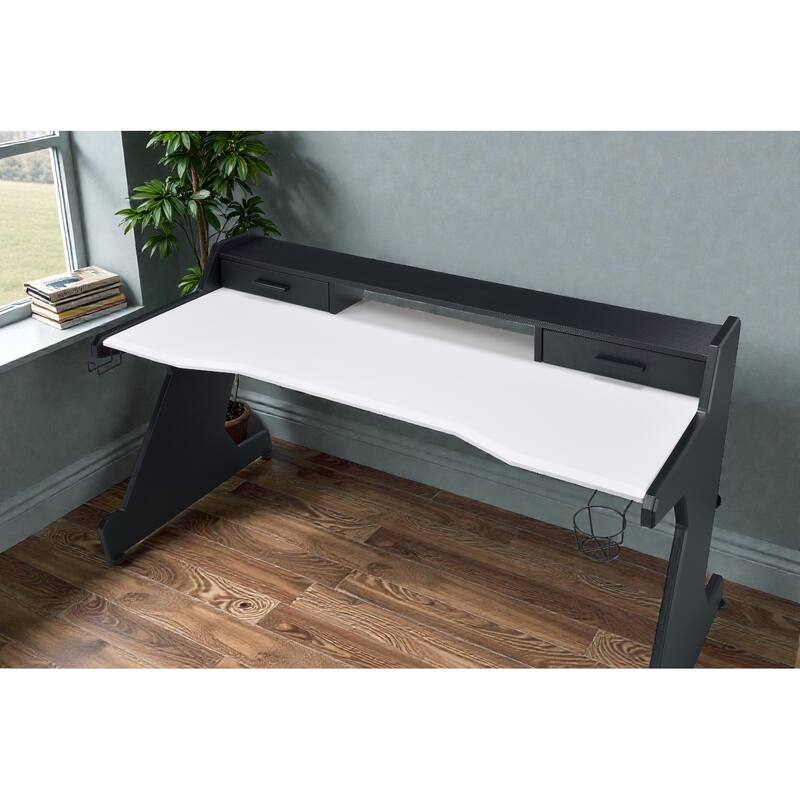 Black and White Gaming Desk with Drawers and Storage Compartment, Modern Computer Desk with Shelf