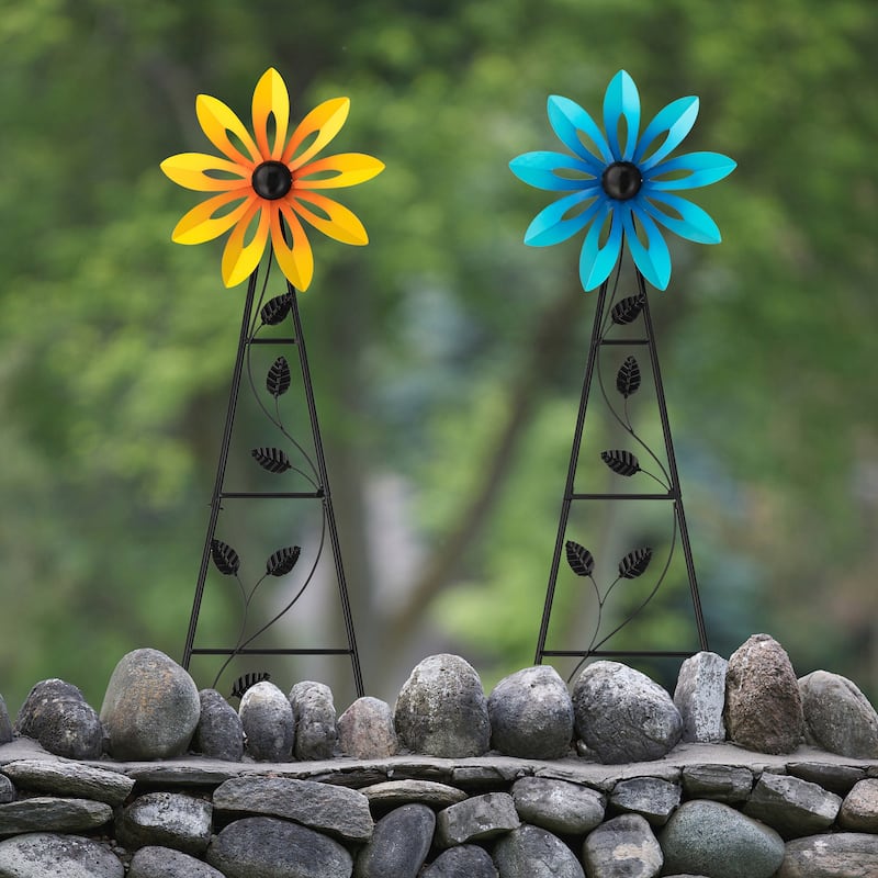 Glitzhome 44"H Glossy Painted Metal Yellow//Blue/Orange/Red Flower Wind Spinner Yard Stake
