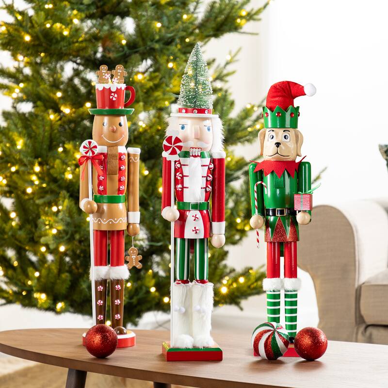 Glitzhome Set of 3 Wooden Christmas Novelty Pink Cake & Gingerbread Man & Elf Dog Nutcracker