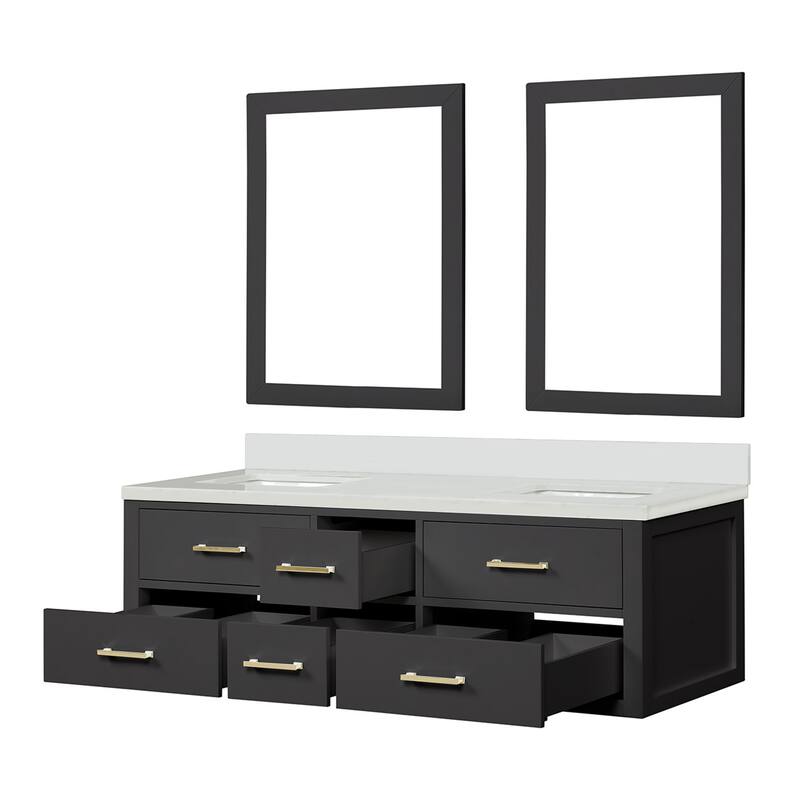 Castor 60 in W x 22 in D Black Double Bath Vanity, Cultured Marble Top, and 28 in Mirrors