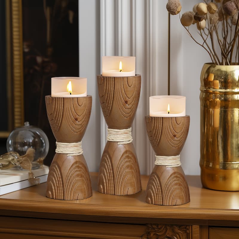 3-Piece Pine Wood with Rattan Pillar Candle Holder Set - 11" H x 4" W x 4" D