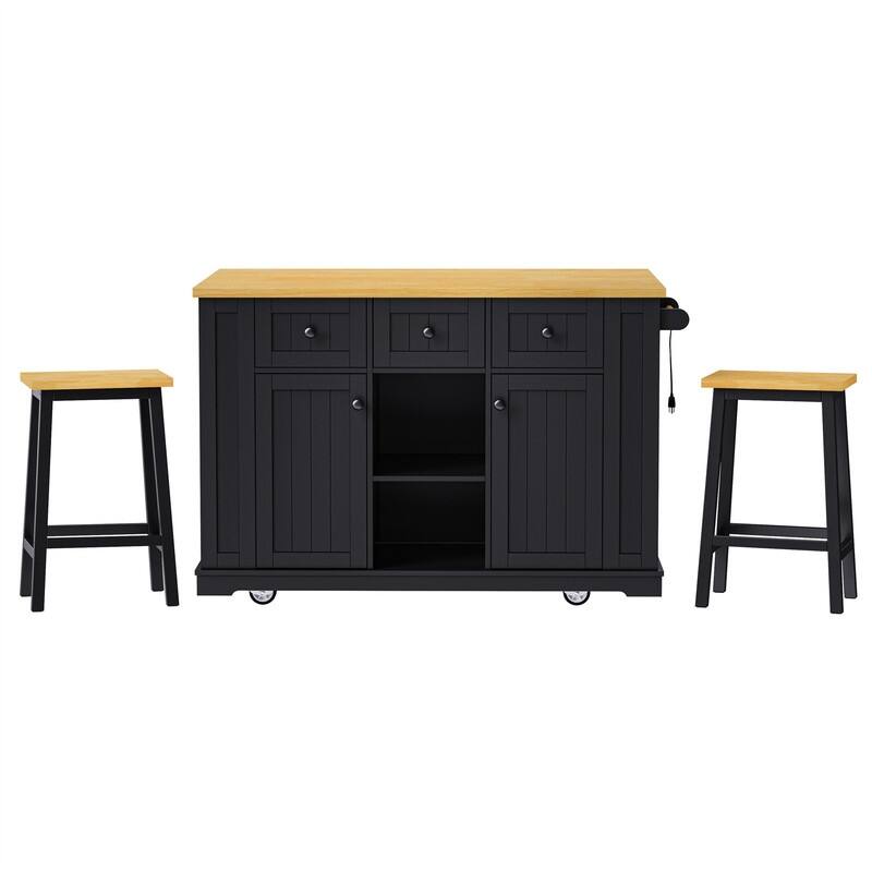 3-Piece/1 Piece Kitchen Island Set with/without 2 Bar Stools, Kitchen Cart on Wheels with 3 Drawers, Drop Leaf & Open Side Racks