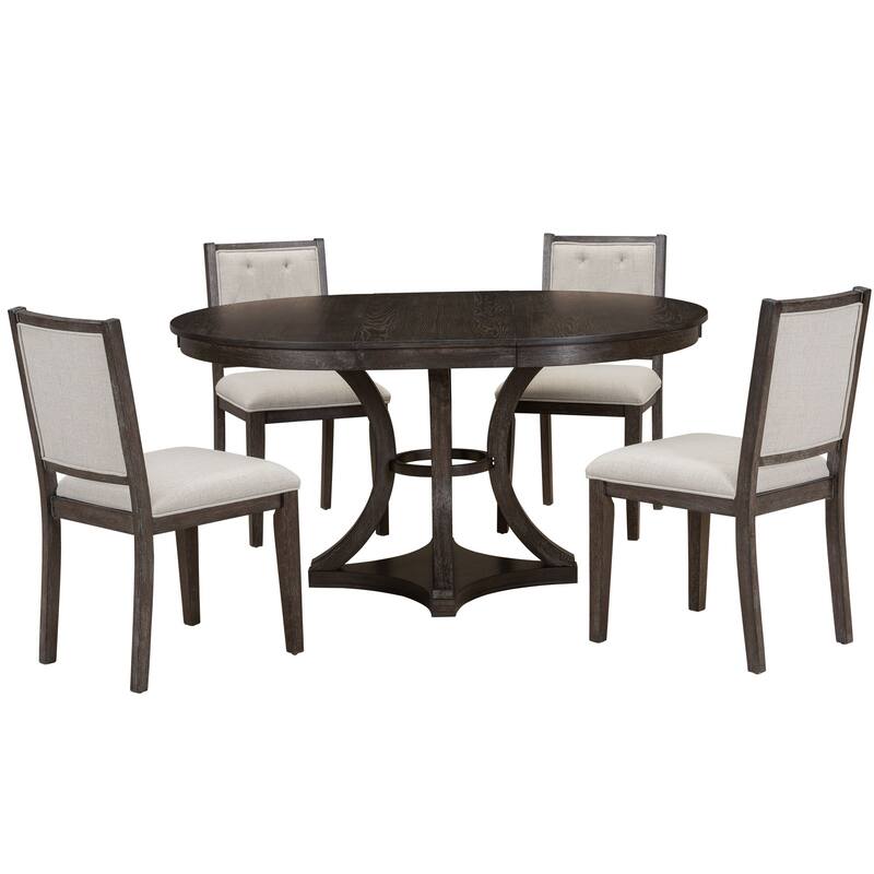 5-Piece, Retro Functional Dining Table Set with Extendable Round Table and 4 Chairs, for Dining Room and Living Room ,Espresso