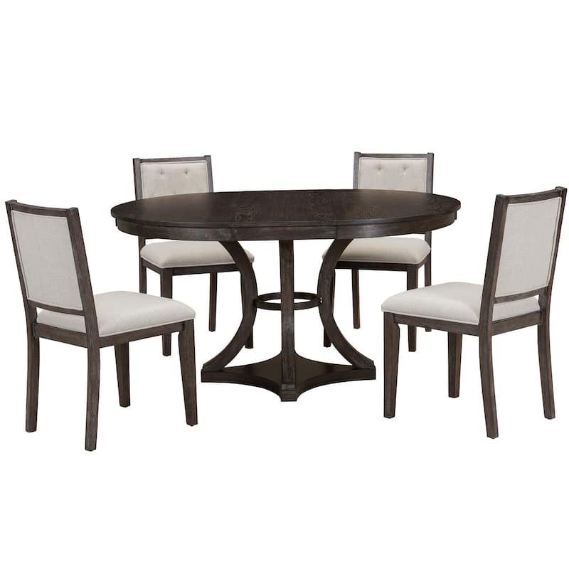 5-Piece Retro Functional Dining Table Set Extendable Round Table and 4 Upholstered Chairs for Dining Room and Living Room
