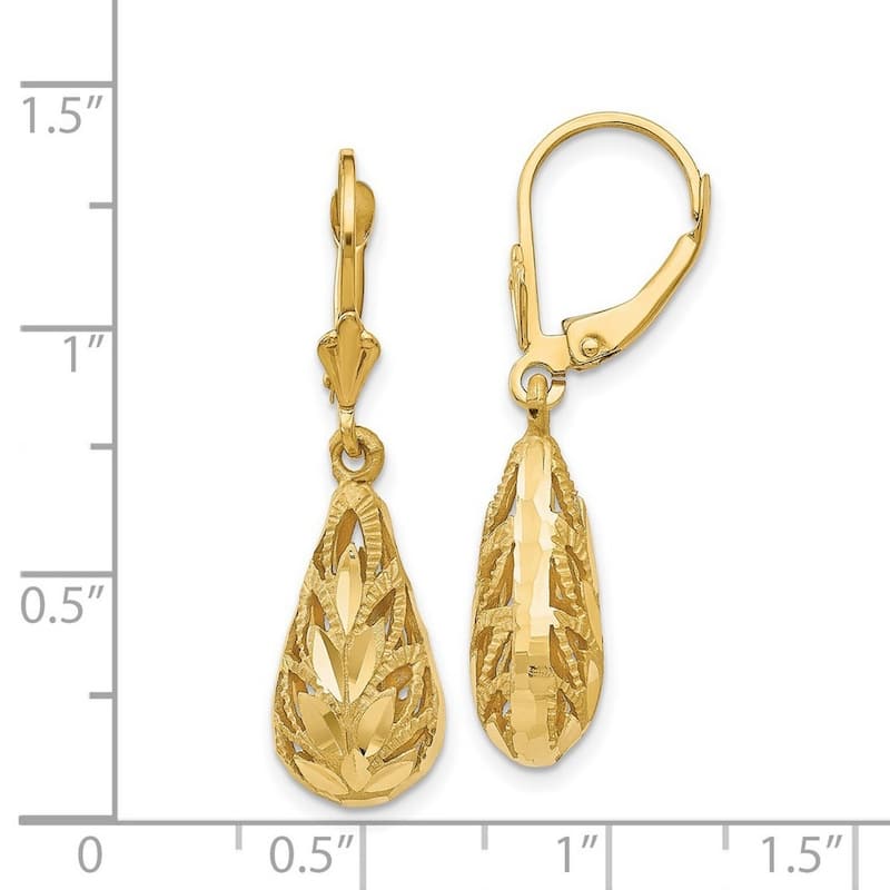 Curata 14k Yellow Gold Filigree Tear-drop Dangle Leverback Earrings 35x9mm