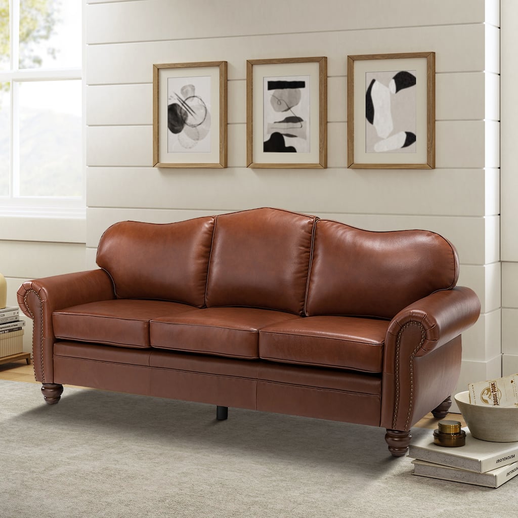 Balvino 81" Wide Transitional Genuine Leather Rolled Arm Nailhead Trim Sofa with Solid Wood Legs