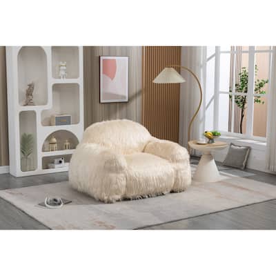 Modern Bean Bag Chair Sofa Lazy Long Hair Single Sofa, Living Room Beige Focus Sofa Chair Edamame Bag Sofa Chair Fireside Chair