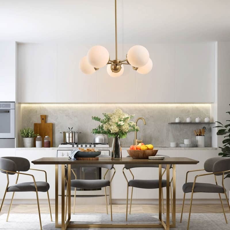 Cionar Mid-century Modern 5-Light Sputnik Dining Room Chandelier Wheel Kitchen Pendant with Orb Frosted Glass - D24" x H 69"