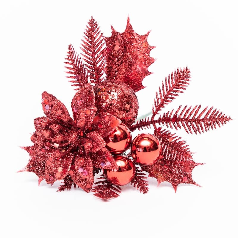 Red Glitter Ball Ornament & Poinsettia Pick