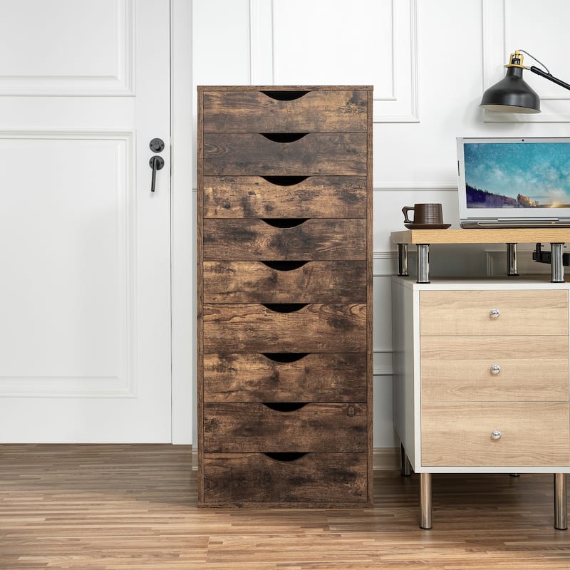 Narrow Wooden 9-Drawer Cabinet with Smooth-Glide Drawers and Top Storage Shelf