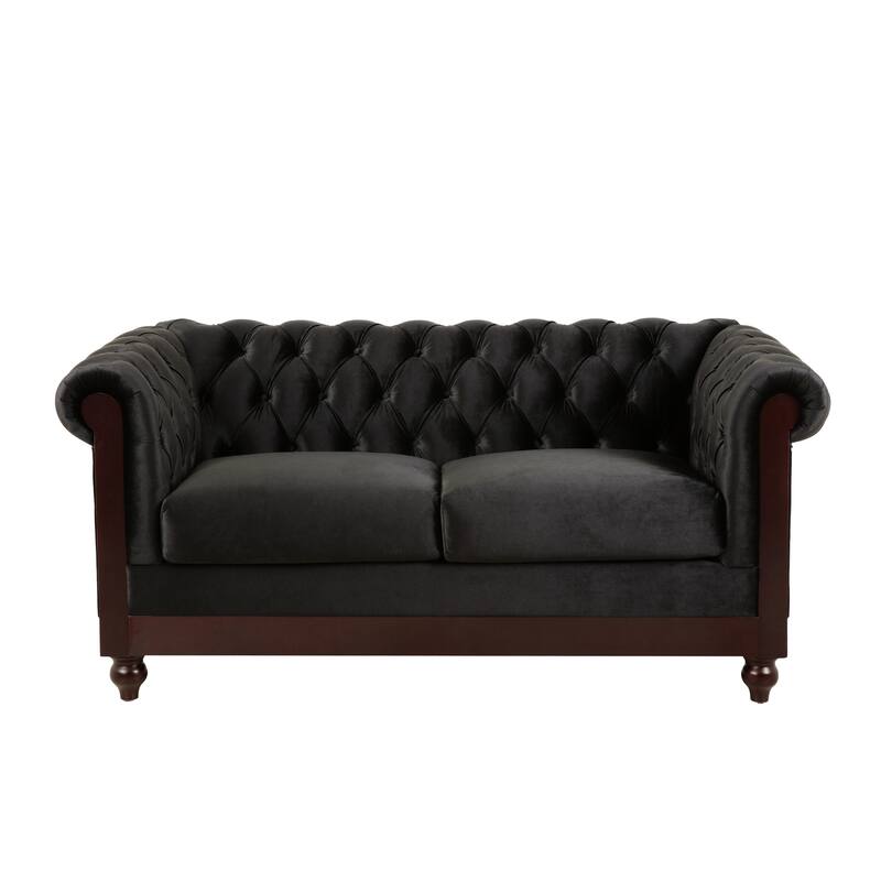 Vivalux 59.44" Chesterfield Velvet Loveseat Sofa, Black, Rolled Arms & Tufted Button, 2-Person Seating for Small Spaces