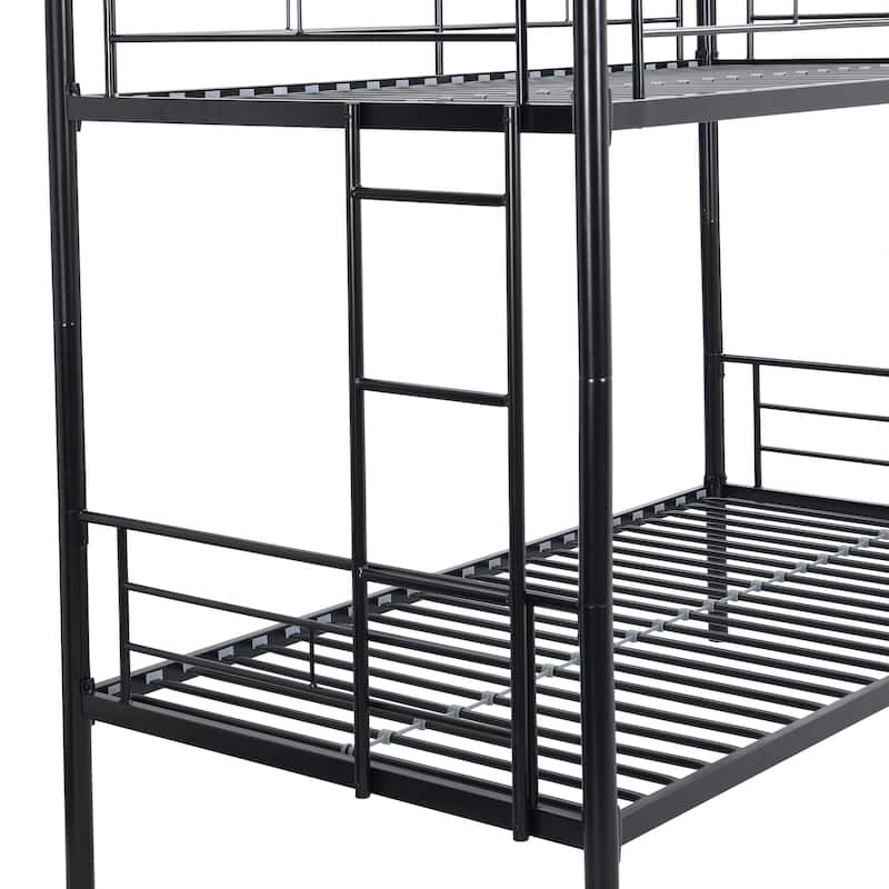 Black Twin over Twin Size Metal Bunk Bed with Ladder and Fence for for Bedroom, Kids, Boys and Girls