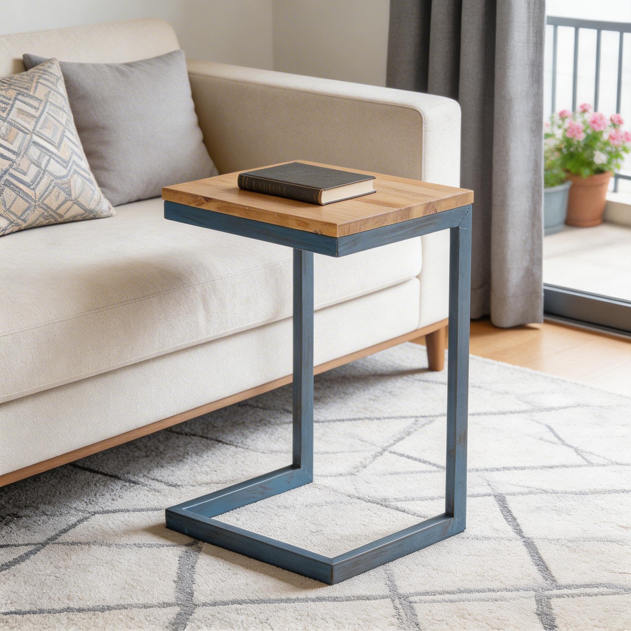 HomeRoots 22" Natural and Blue Wood and Iron End Table - 15.50 in. x 22.25 in. x 11.25 in.