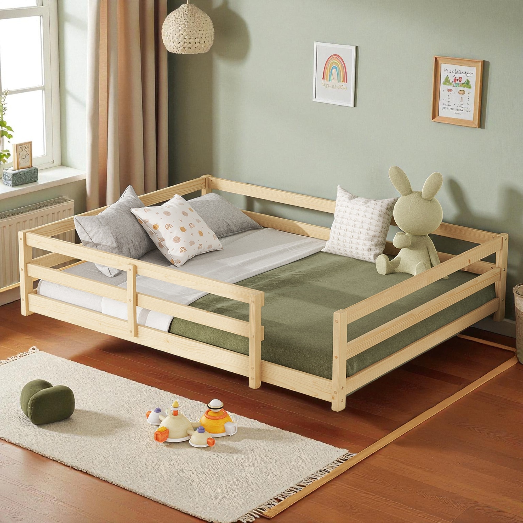 Full Size Montessori Floor Bed with Fence for Kids, Pine Wood Platform Bed Frame, No Box Spring Required