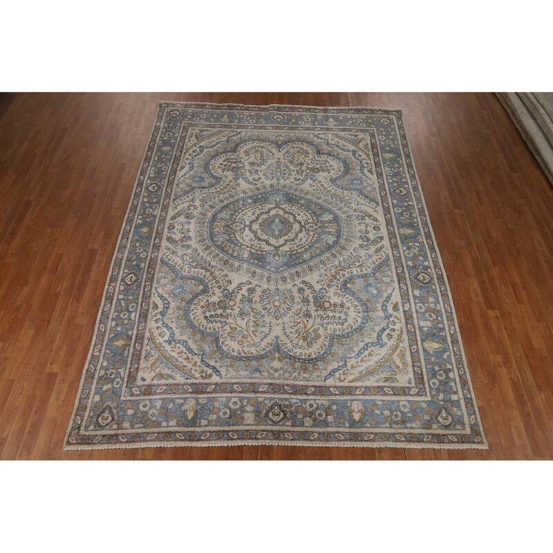 Tabriz Persian Area Rug Hand-Knotted Floral Beige Wool Carpet - 8'2"x 11'0"