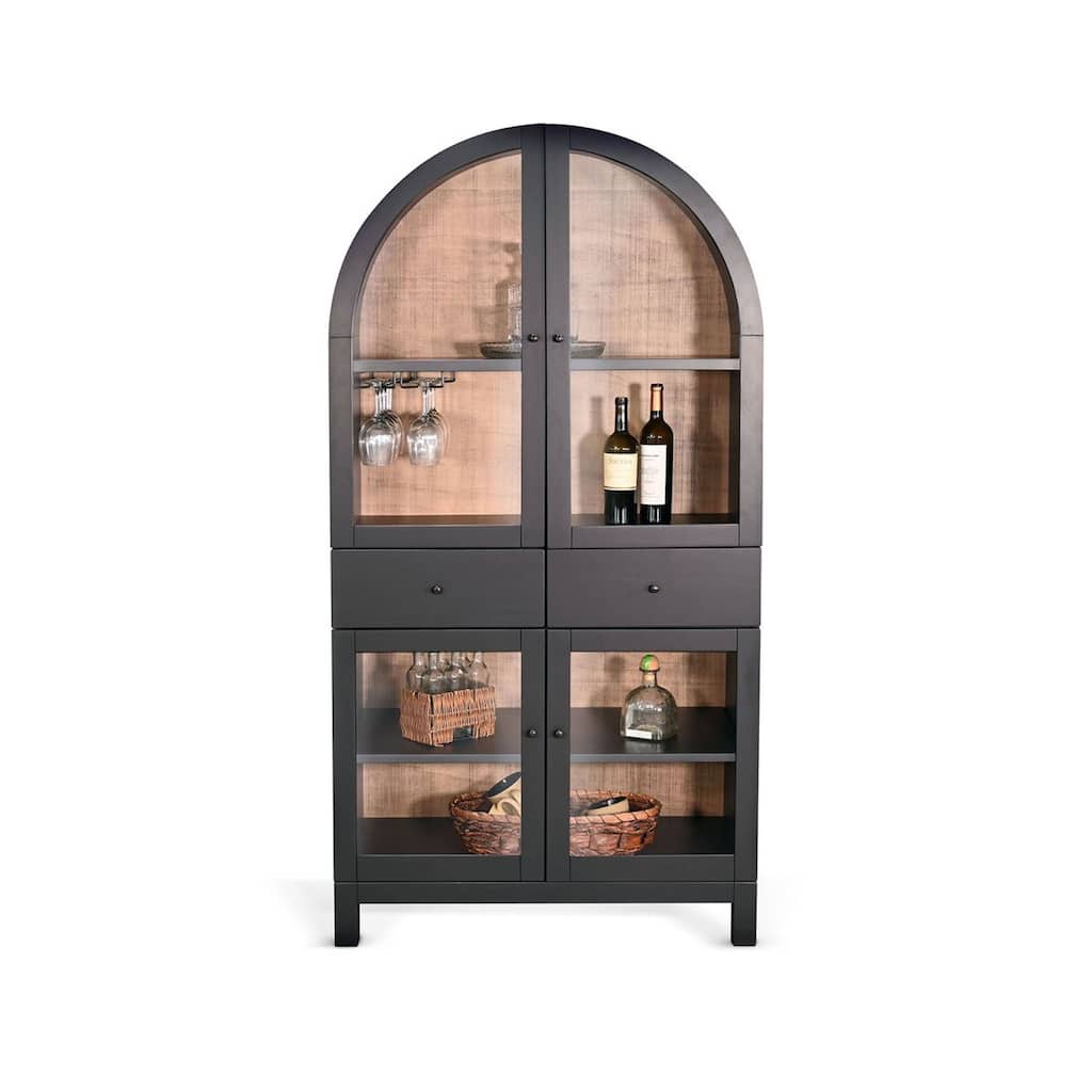 Ric Arched Wine Bar Cabinet, 2 Drawers w 4 Glass Door Shelves, Black