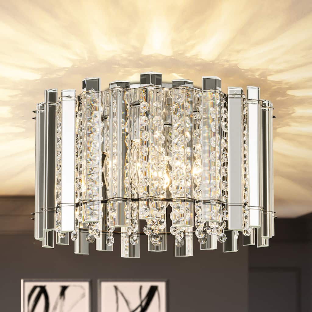 4-Light Modern Glam Clear Crystal Drum Flush Mount Ceiling Light with Crystal Beads - 14 IN. W