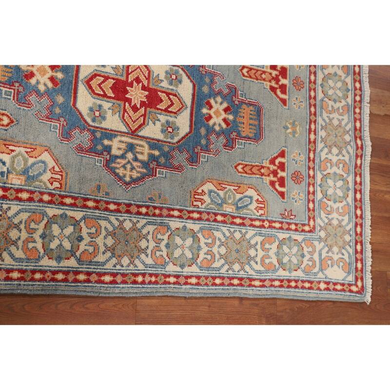 Geometric Blue Kazak Accent Rug Handmade Wool Carpet - 3'3" x 4'11"